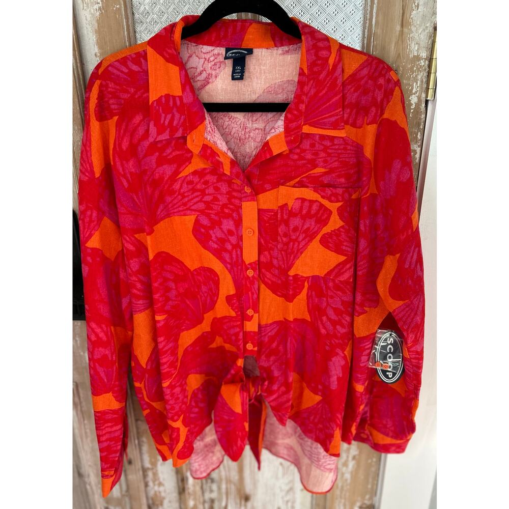 NWT Women Scoop Linen Blend Shirt, Red, Orange, Size XXL